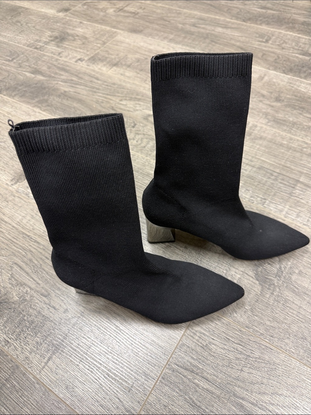 Zara Black Knit Mid-Calf Sock Boots with Metallic Block Heel